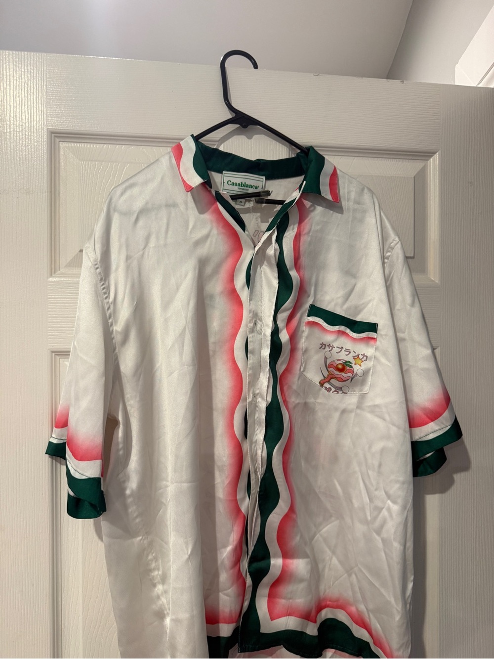 White Short-Sleeve Button Shirt with Pink & Green Trim